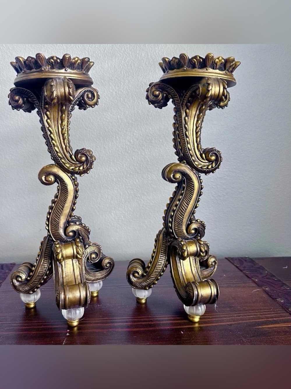 Vintage Italian Florentine Gilt Candle Holders Heavy Pair Regency Acanthus Scrol